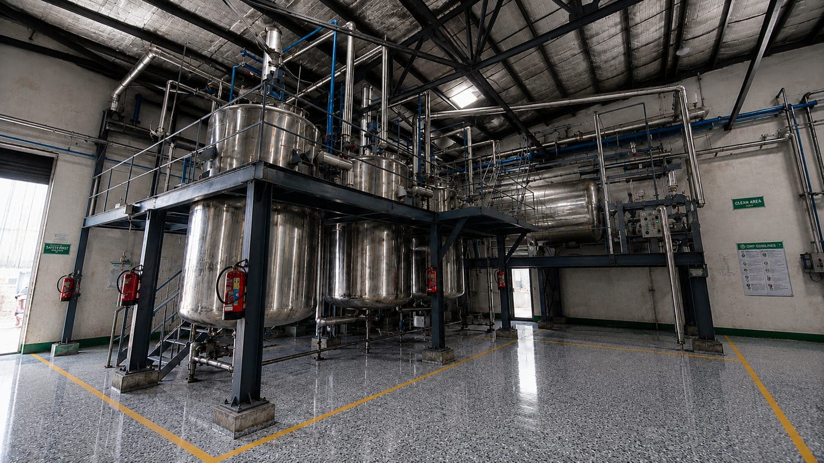 Stainless steel extraction vessels on a mezzanine in the main extraction hall