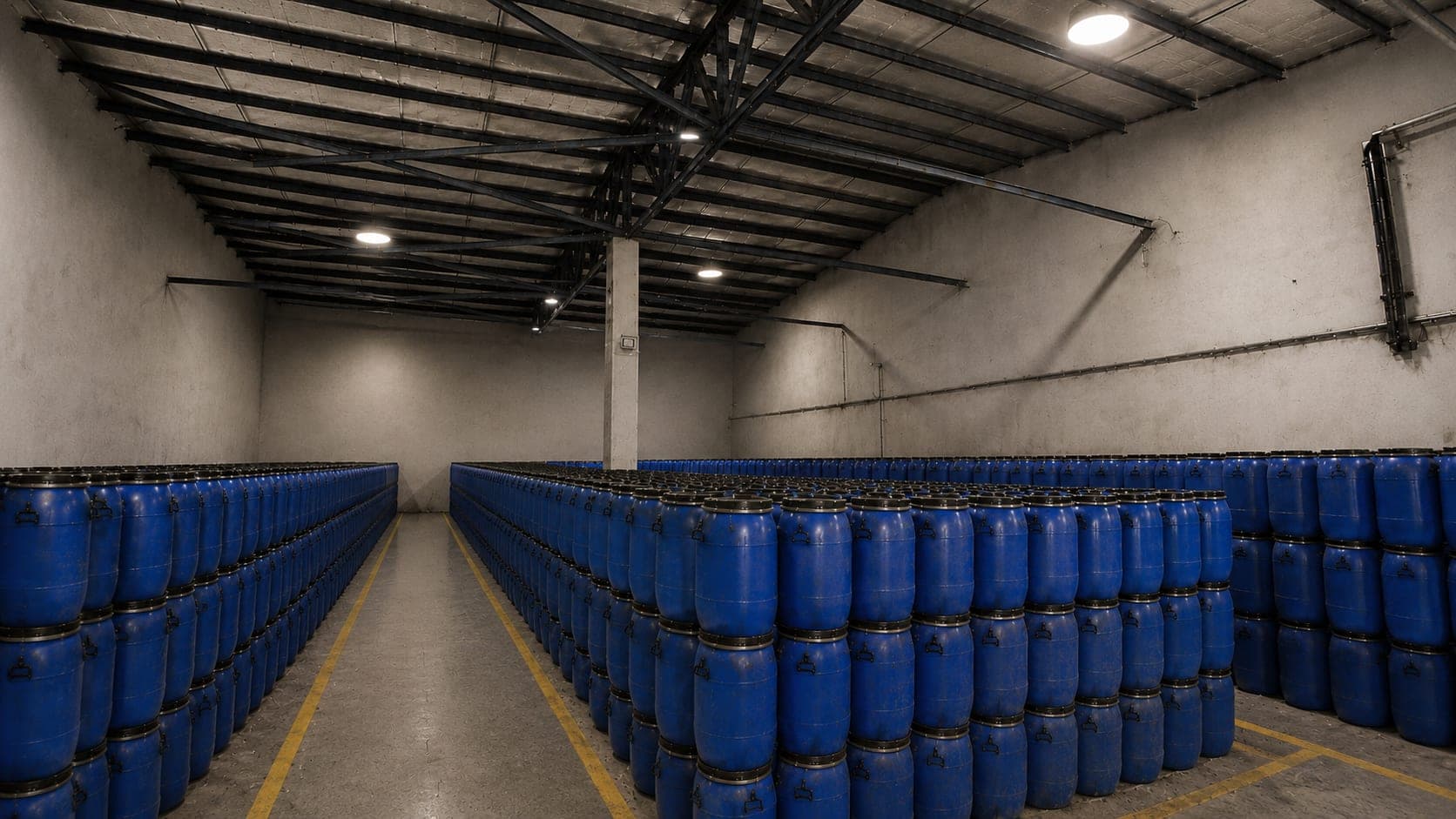 Rows of sealed blue drums of finished product in a warehouse