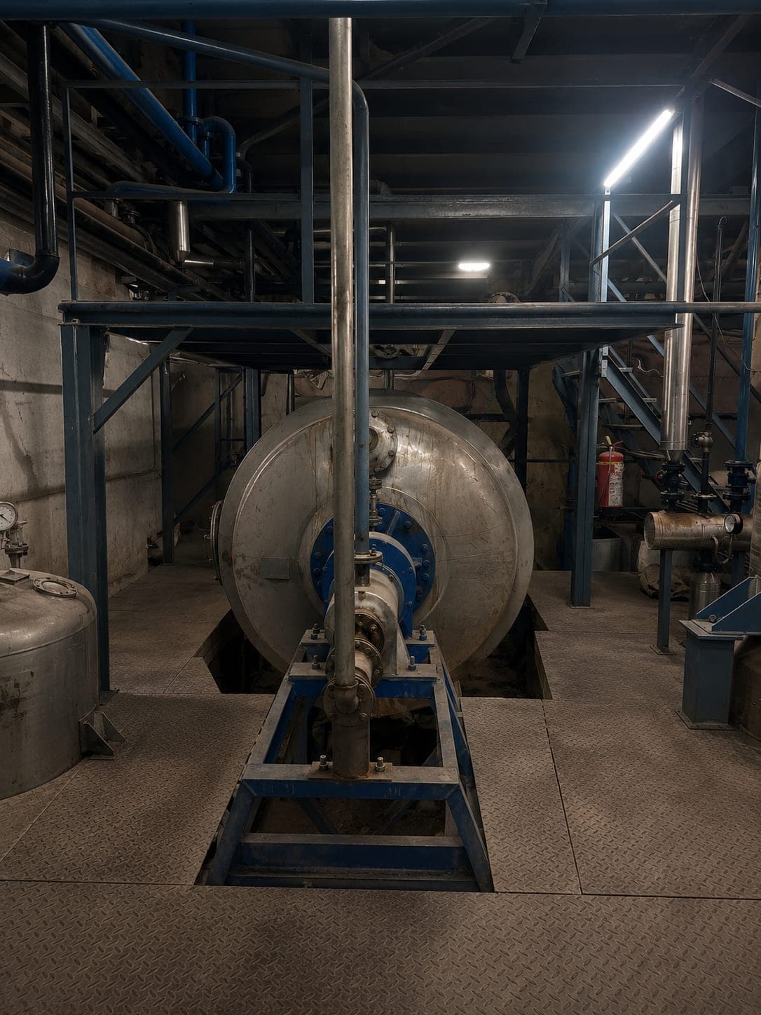 Horizontal rotary extractor vessel mounted on a steel frame