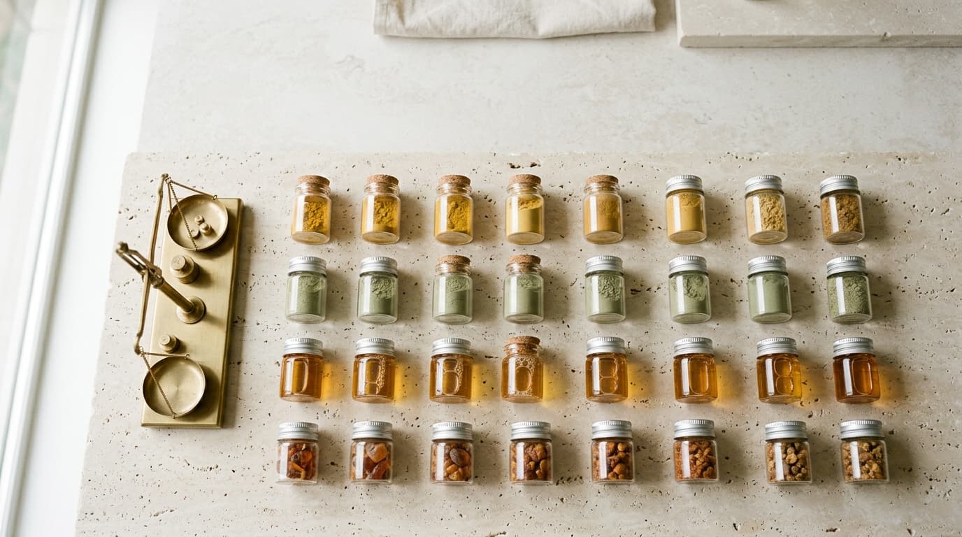 Laboratory sample vials arranged across pale travertine with brass scale