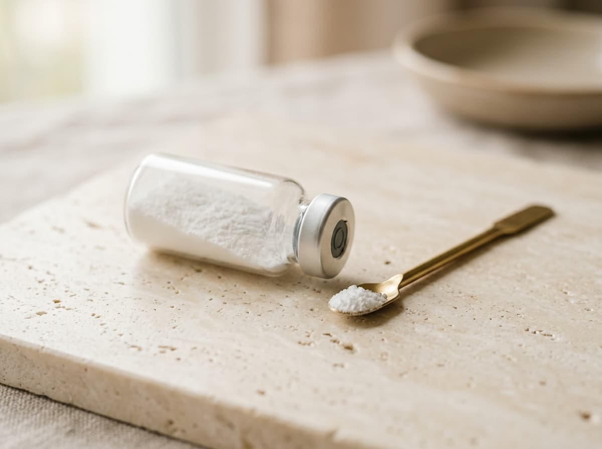 Pharmaceutical-grade white crystalline powder in a glass vial with brass spatula on pale travertine