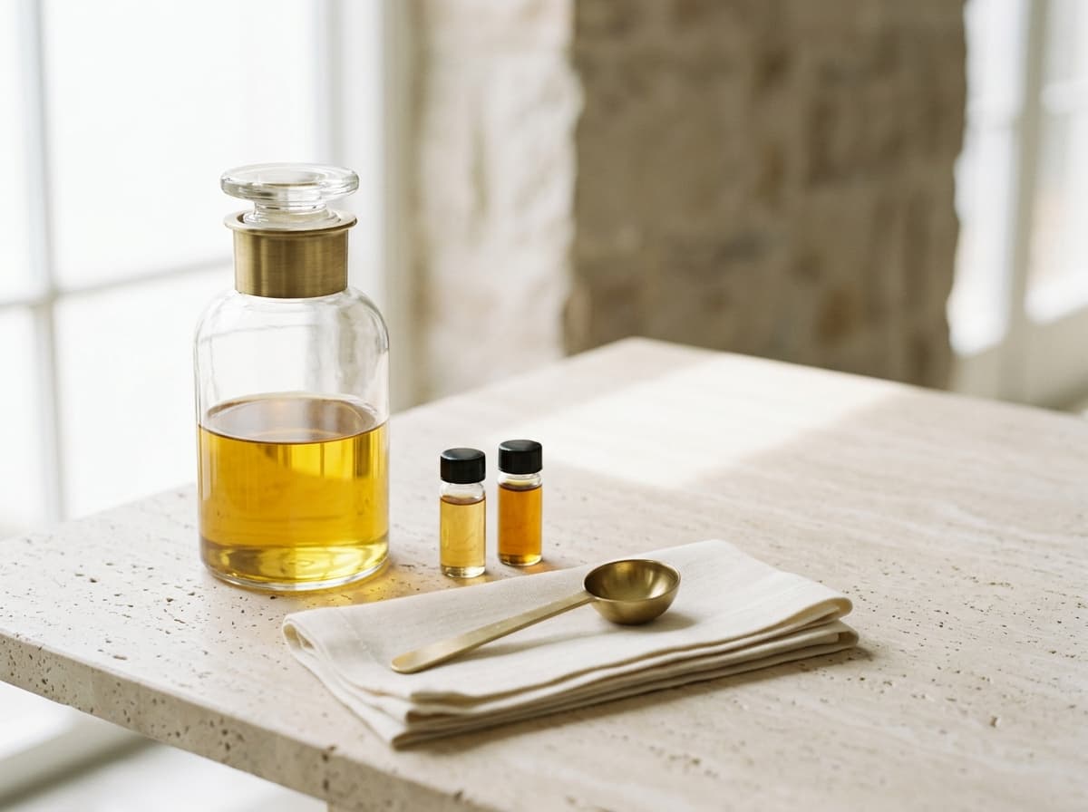 Bespoke botanical extract vessel, custom sample vials and brass scoop on pale travertine