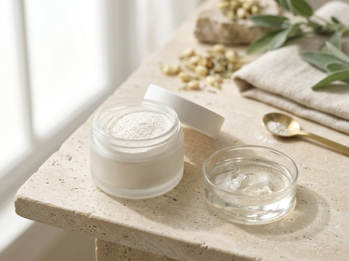 Pearlescent cosmetic-grade extract powder in frosted glass vessel with botanical serum
