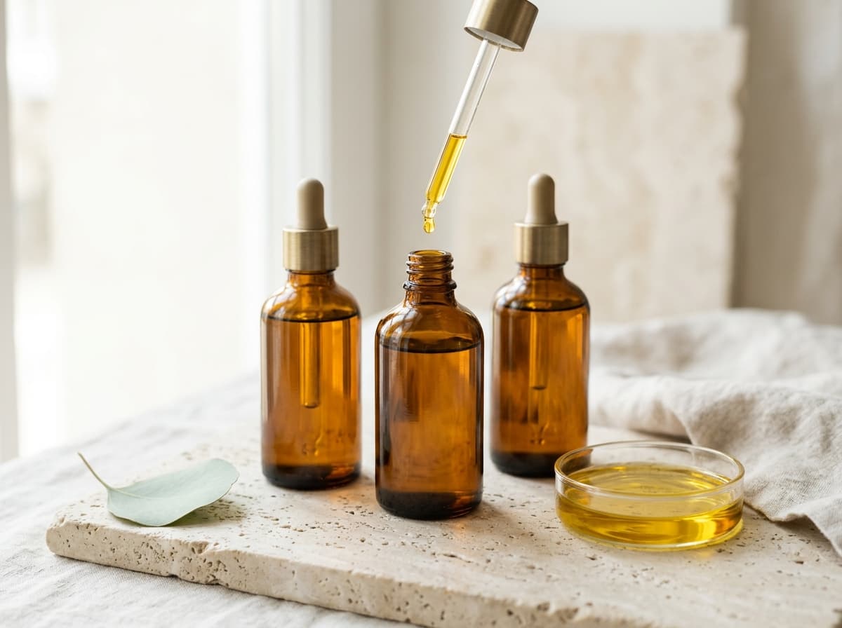 Amber essential oil bottles with glass dropper on pale stone