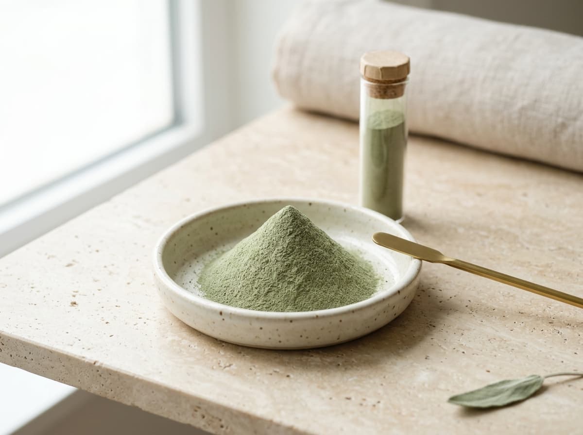 Sage-green standardized extract powder in ceramic dish on pale stone