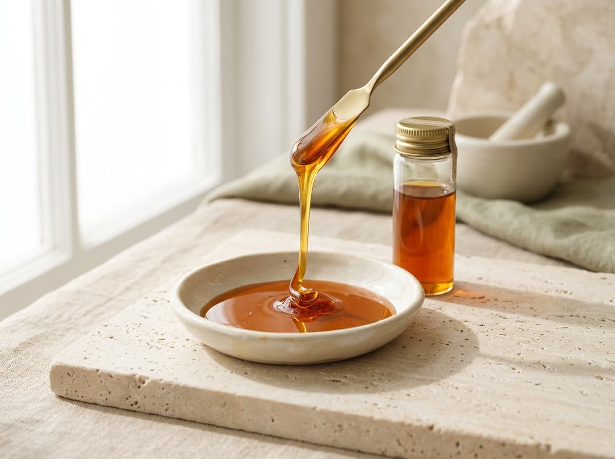 Warm amber oleoresin concentrate in ceramic dish with brass spatula
