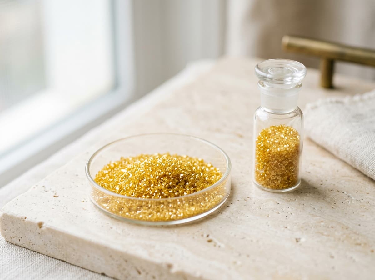 Crystalline golden curcumin isolate in glass dish on pale stone