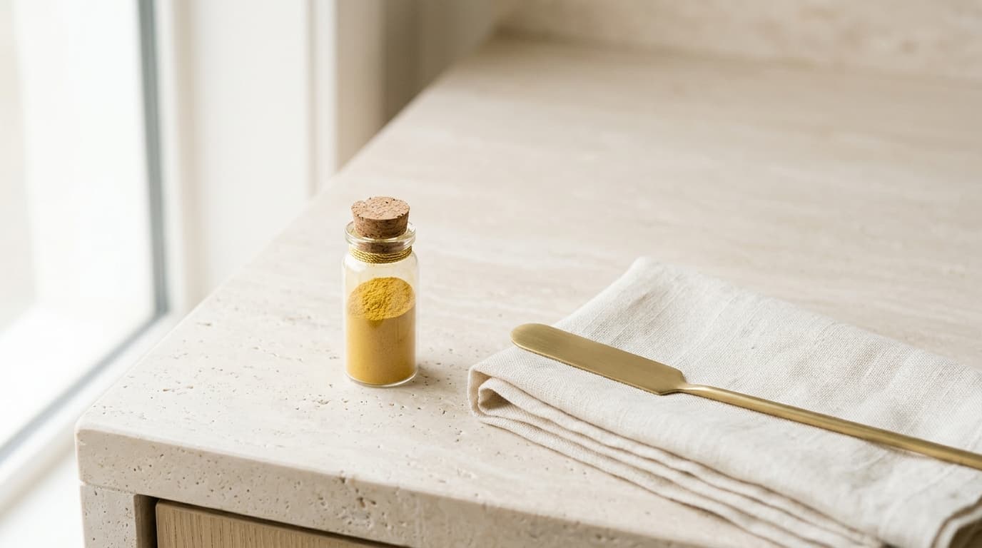 Glass vial of golden extract powder with brass spatula and ivory linen on pale stone