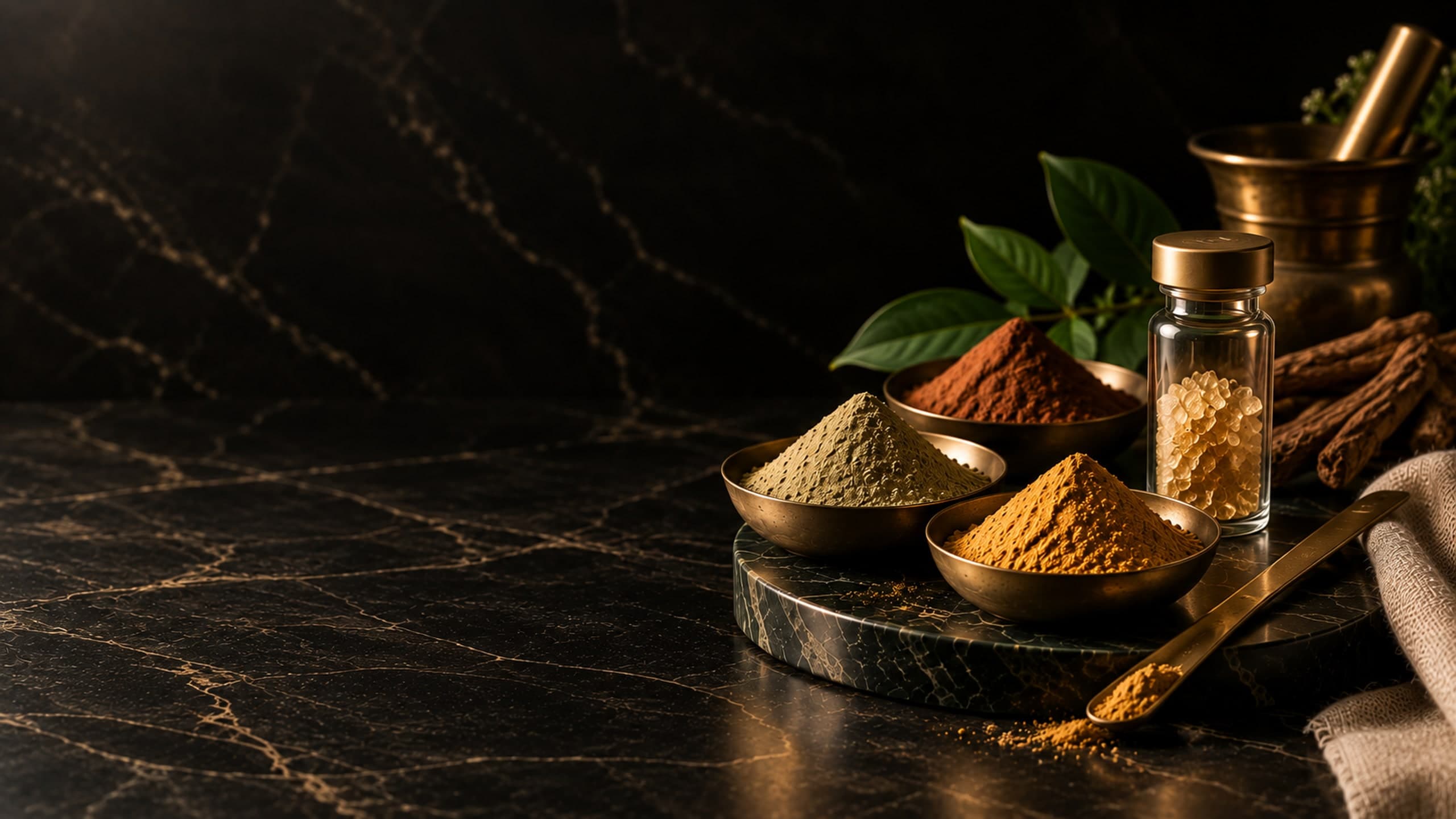 Standardised botanical extract powders and a crystalline isolate arranged on dark marble