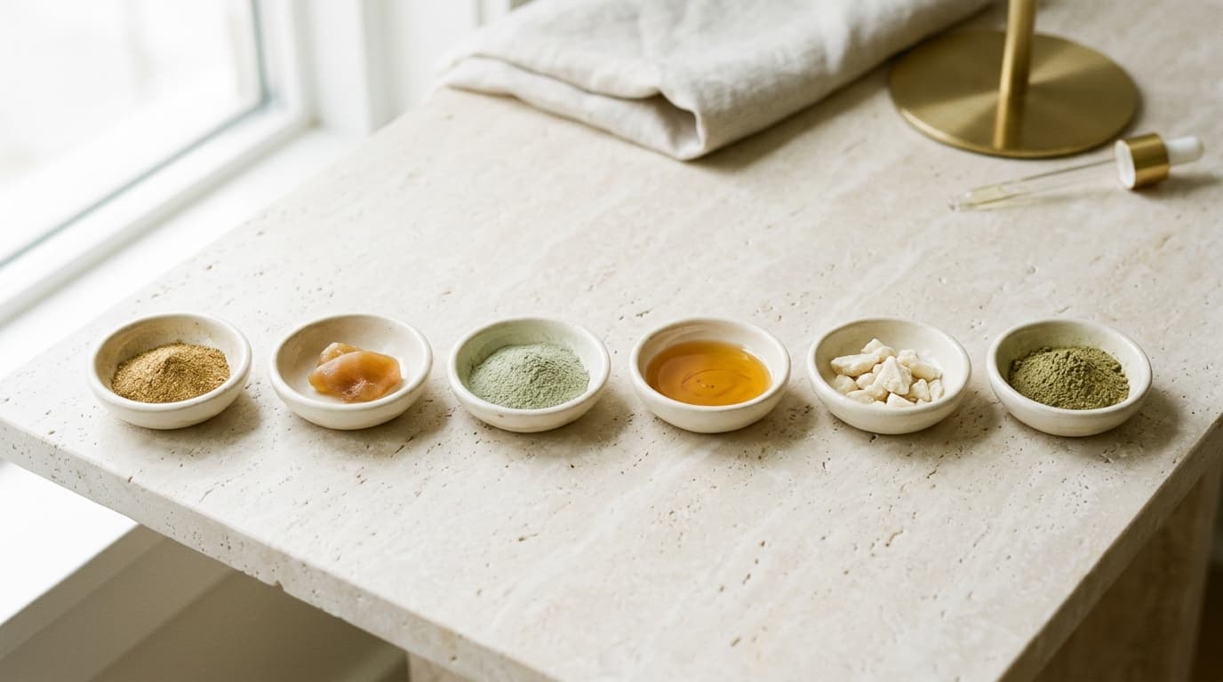 Ceramic dishes holding finished botanical extracts on pale honed stone