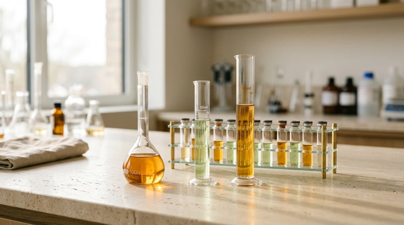 Analytical laboratory glassware and extract solutions on pale stone benchtop